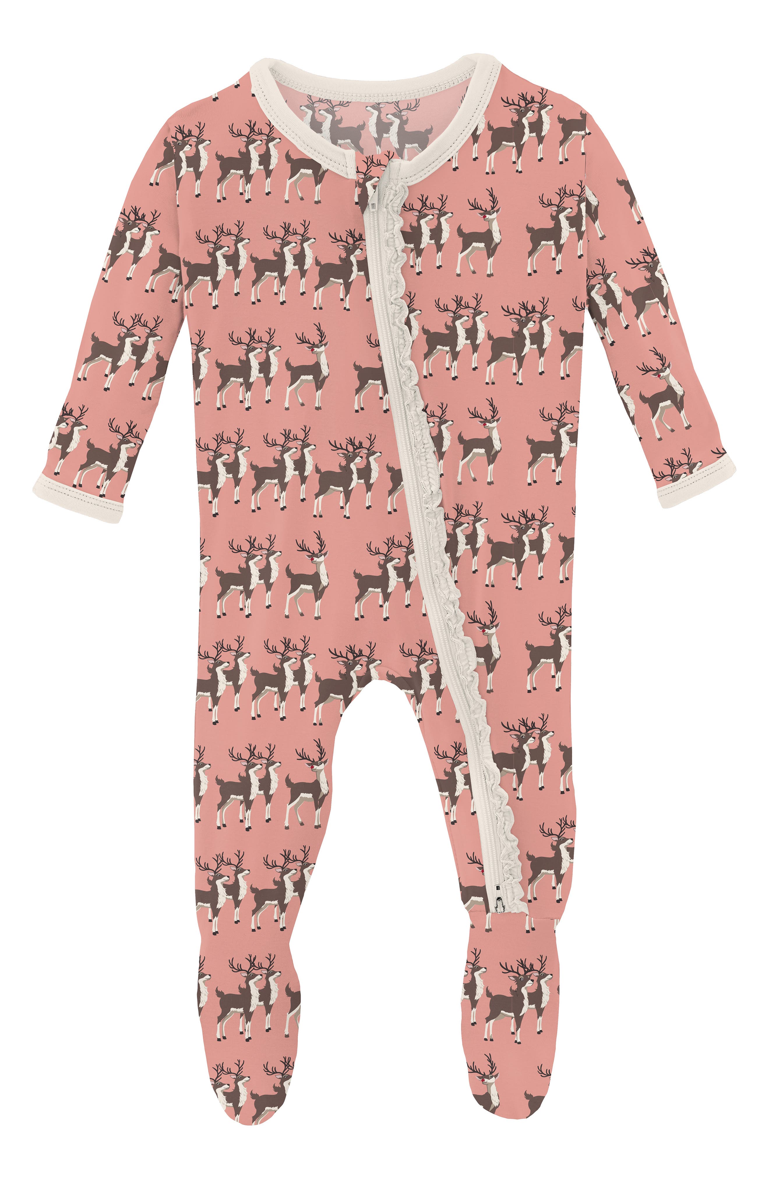 KicKee Pants Reindeer Print Fitted One-Piece Pajamas in Blush Rudolph 