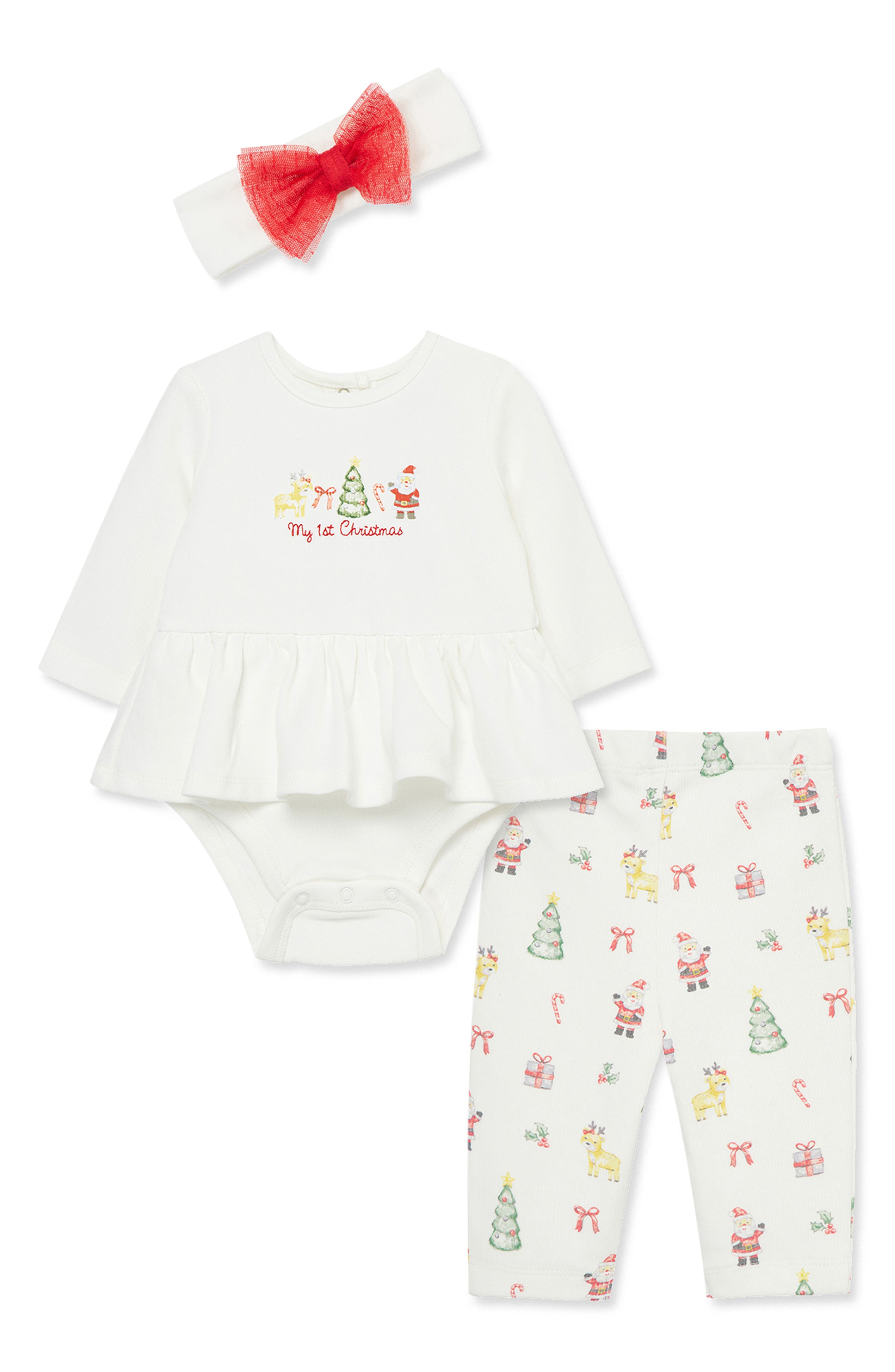 Little Me My First Christmas Skirted Bodysuit, Leggings & Headband Set in White Multi 