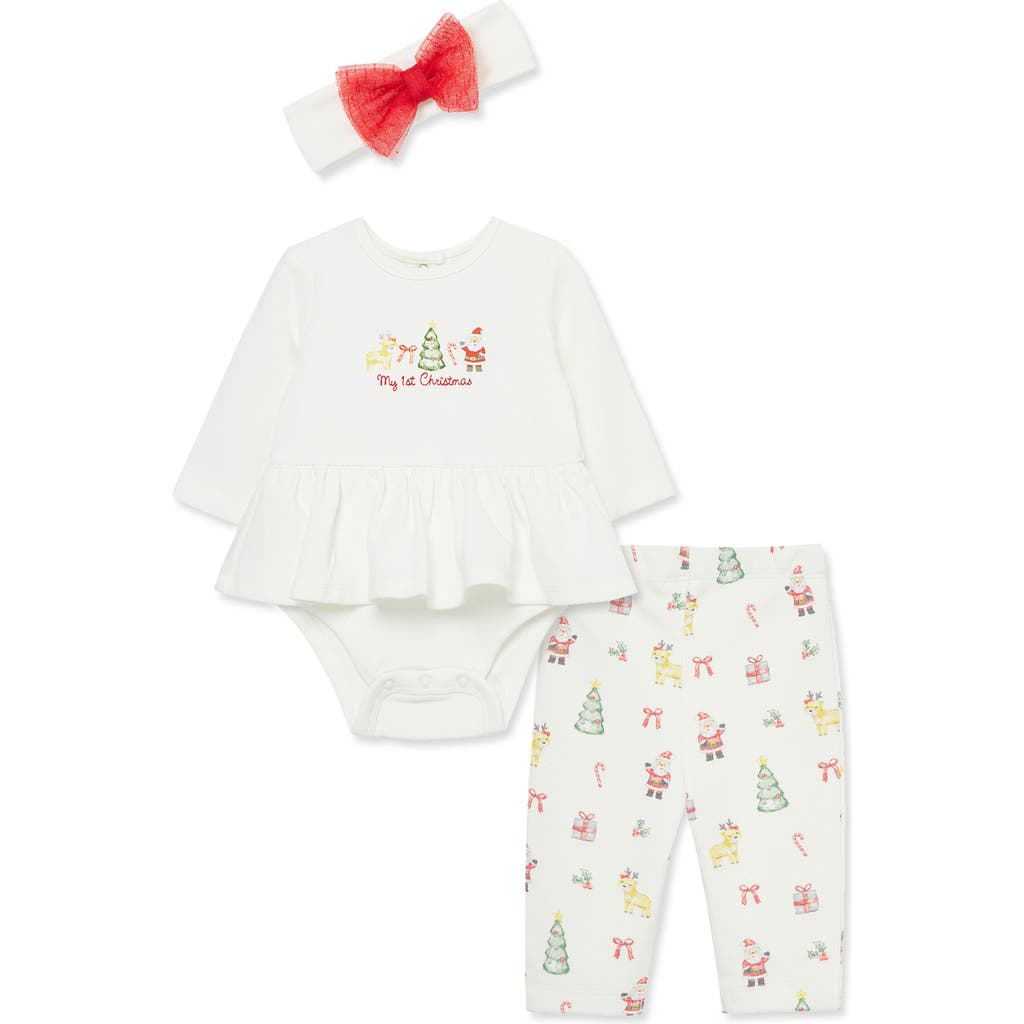 Little Me My First Christmas Skirted Bodysuit, Leggings & Headband Set in White Multi