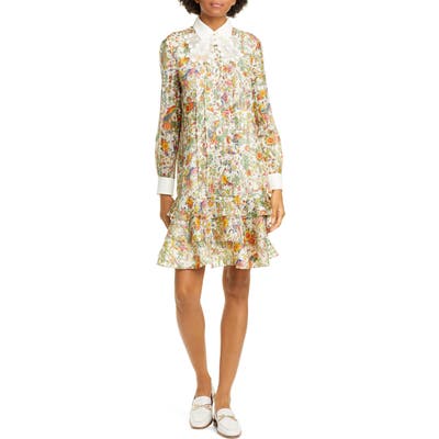 Tory Burch Floral Metallic Long Sleeve Silk Dress, Ivory