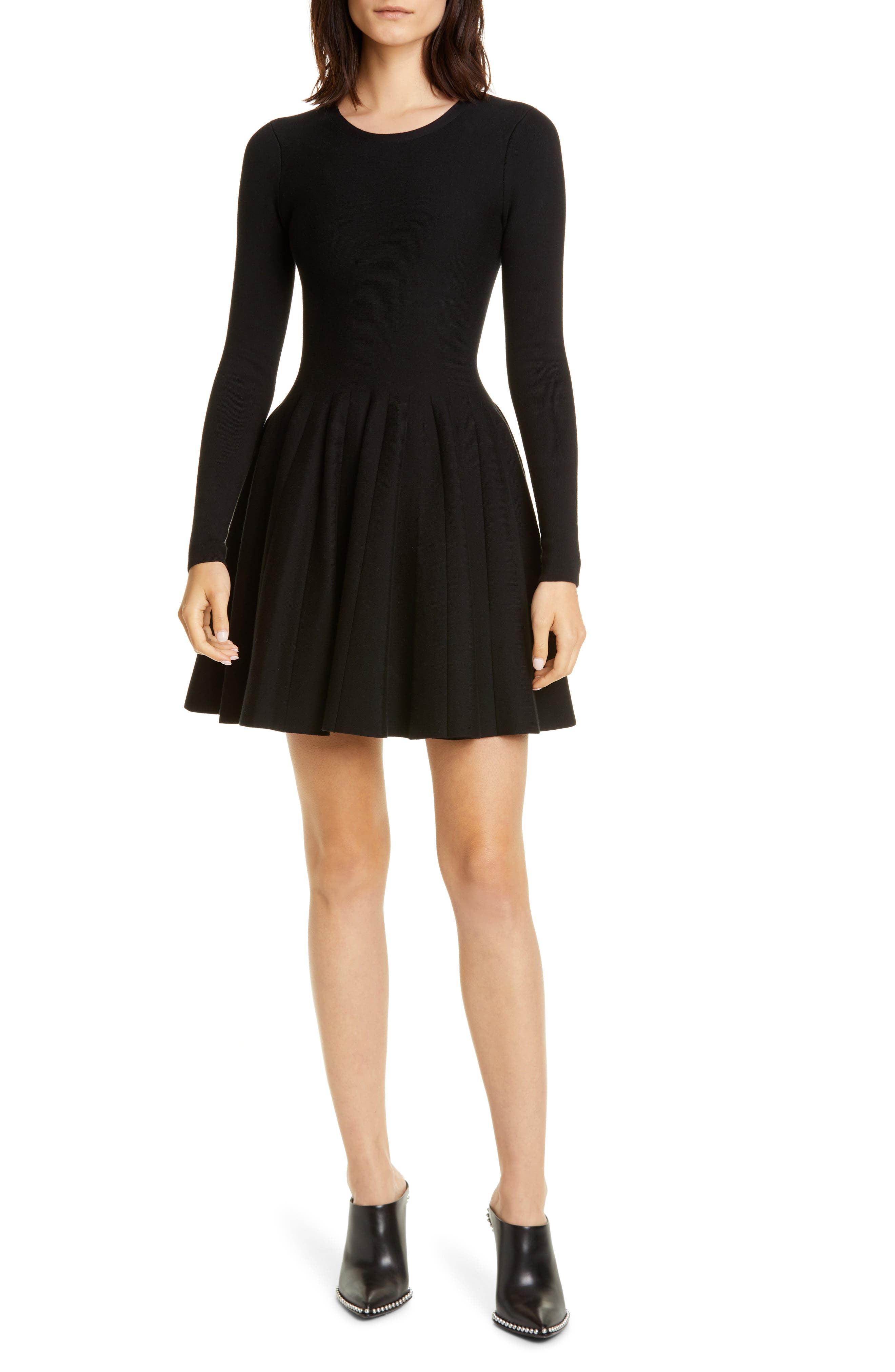 black long sleeve fit and flare dress