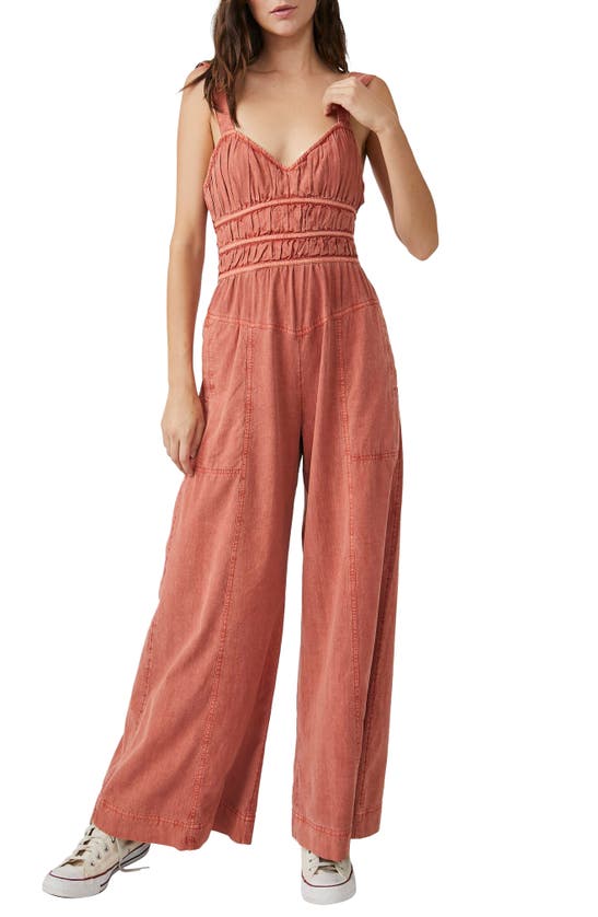 Free People After All Ruched Wide Leg Jumpsuit In Brown