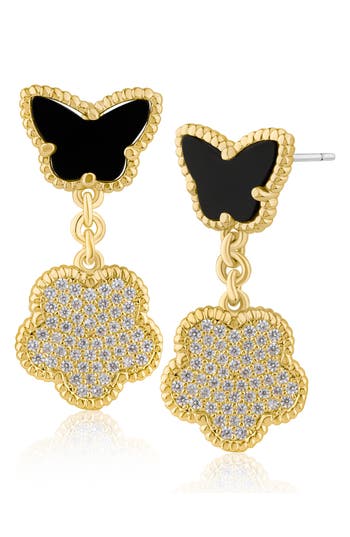 Kenneth Jay Lane Cz By Cz Pavé Butterfly & Clover Flex Drop Earrings In Black/gold