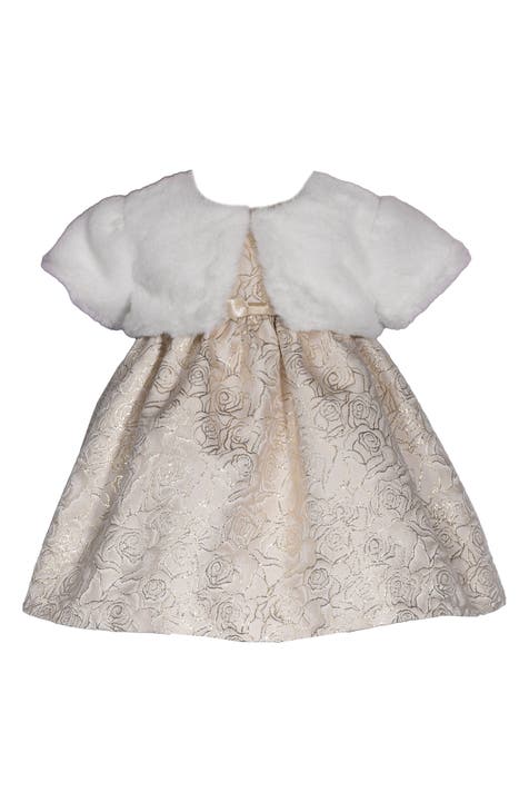 Metallic Floral Jacquard Party Dress & Faux Fur Shrug Set (Baby)