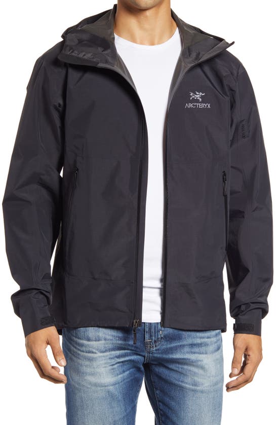 Shop Arc Teryx Zeta Sl Waterproof Gore Tex Hooded Jacket In Black Shop Arc Teryx Zeta Sl Waterproof Gore Tex Hooded Jacket In Black