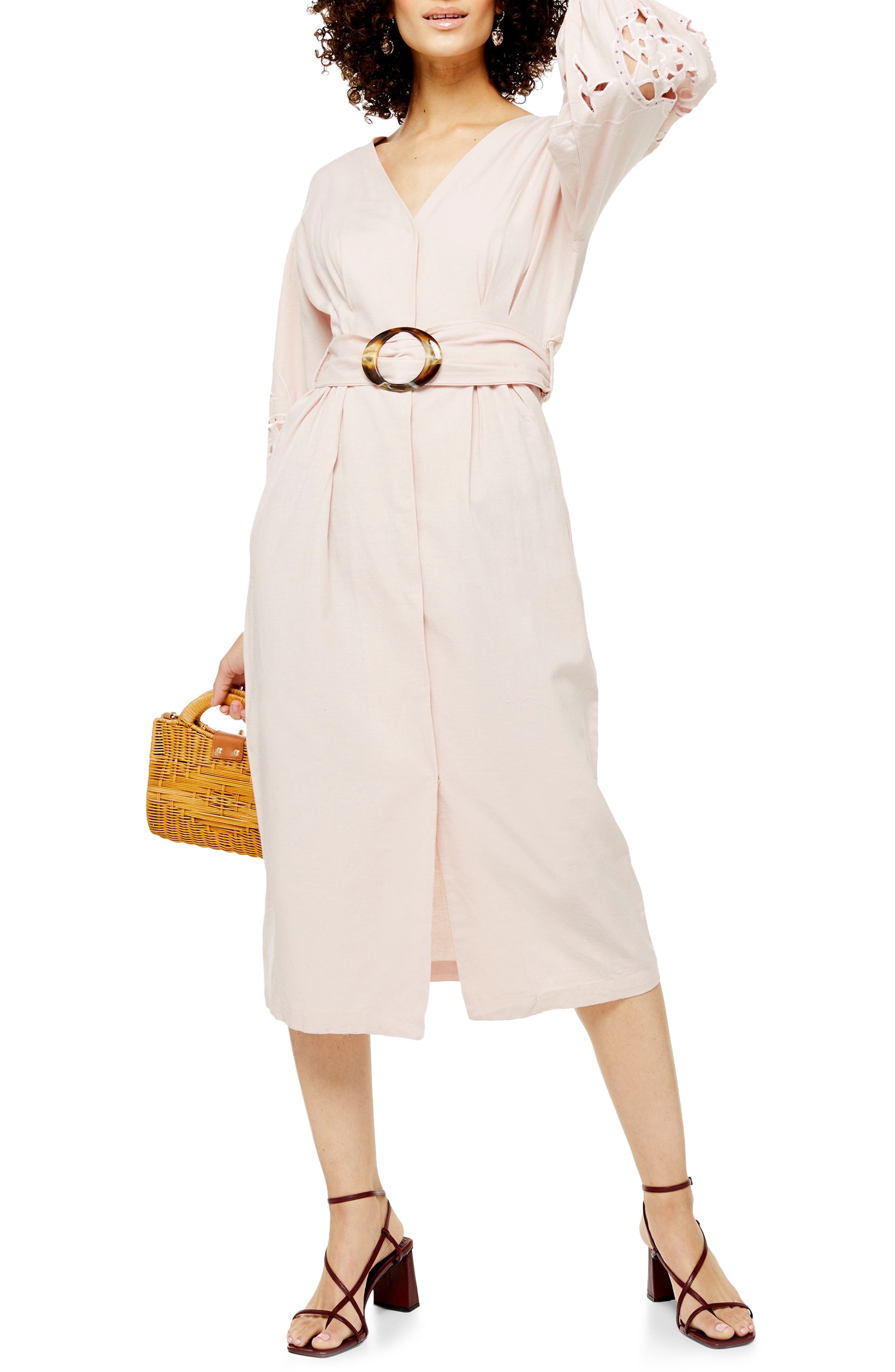 Topshop Cutwork Long Sleeve Midi Dress, US (fits like 6-8) - Pink