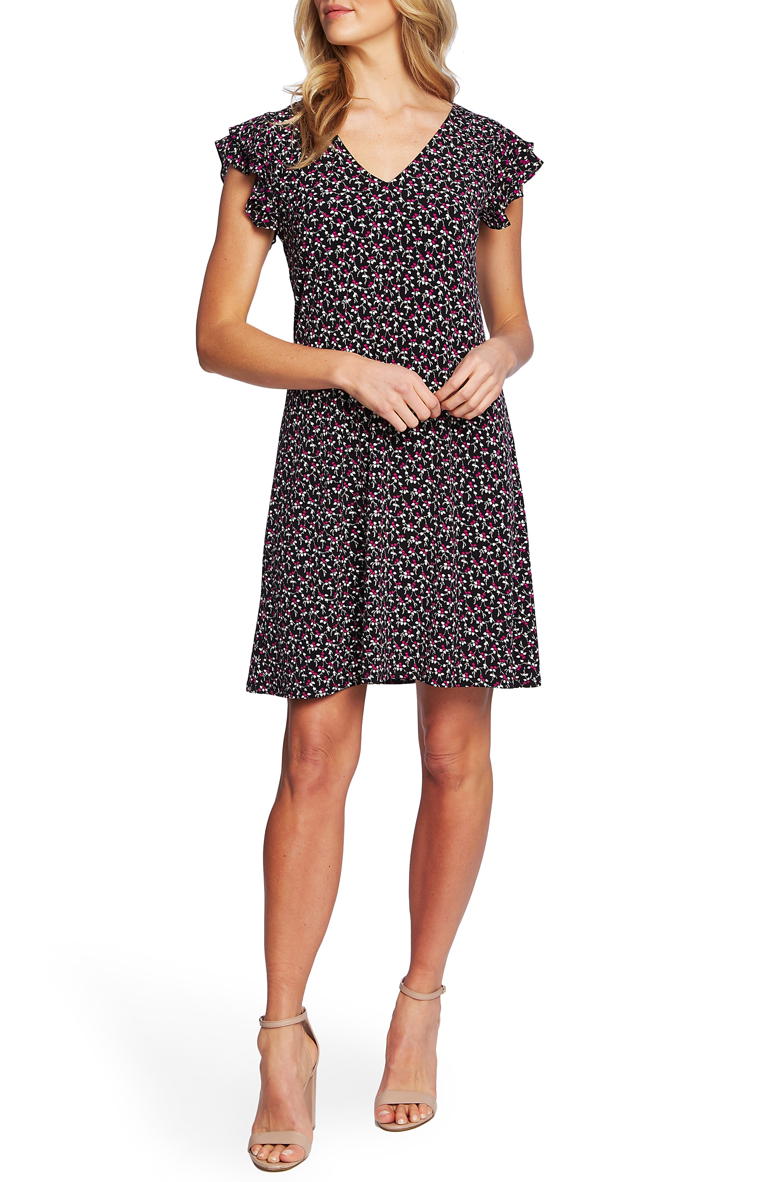 Cece Marrakesh Lace Ditsy Flutter Sleeve Dress, Black
