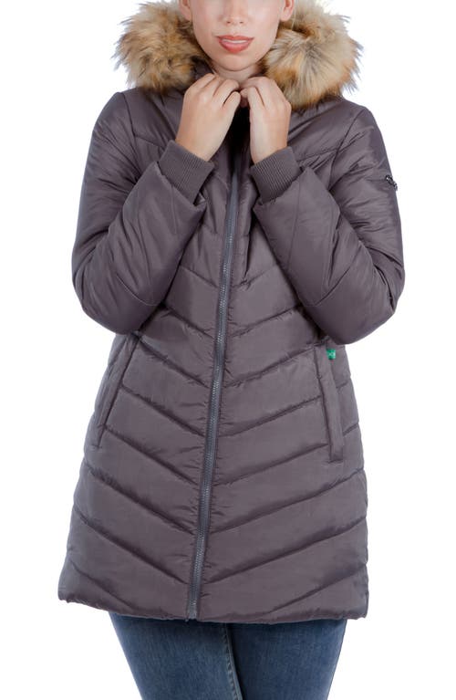 Faux Fur Trim Convertible Puffer 3-in-1 Maternity Jacket in Dark Grey