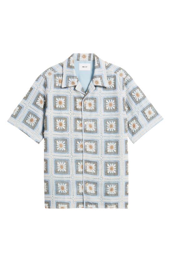 Shop Nn07 Julio Crochet Cotton Short Sleeve Button-up Camp Shirt In Blue Multi Colour