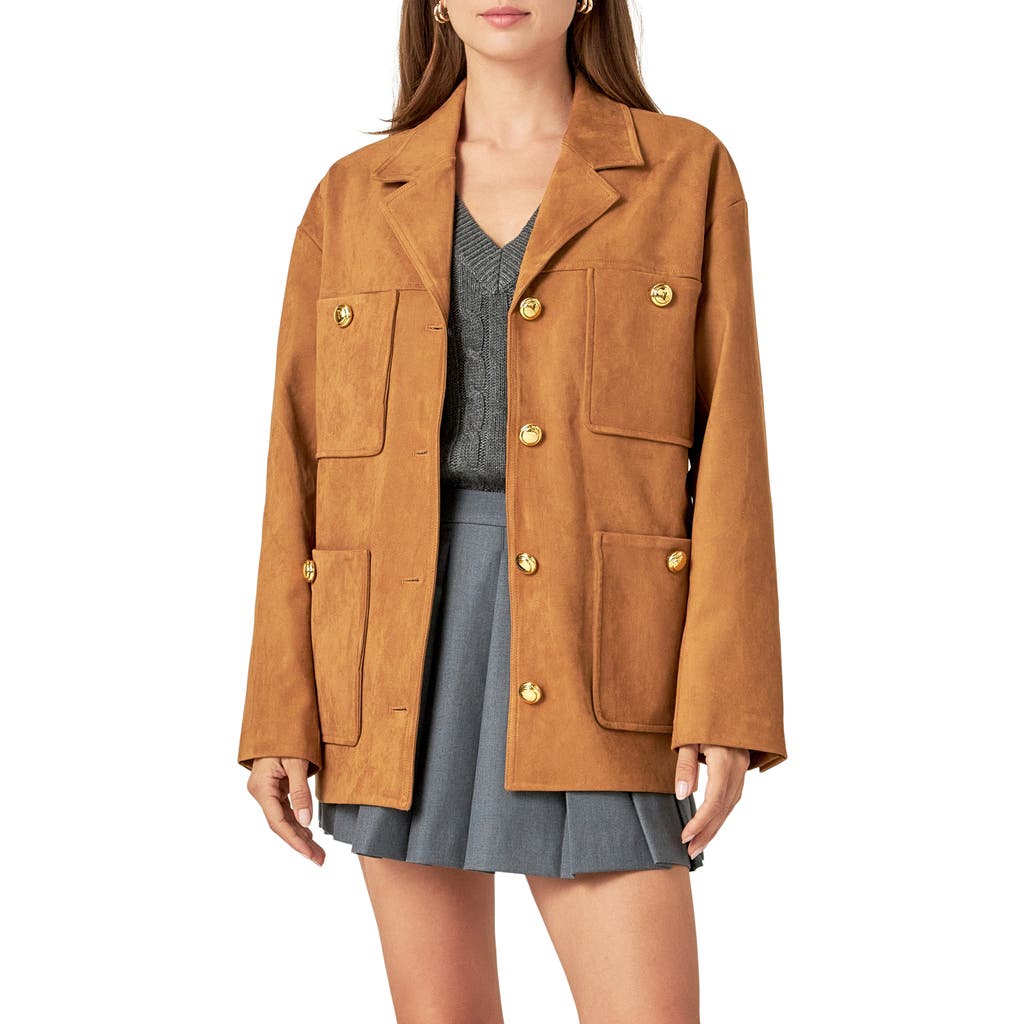 English Factory Padded Shoulder Stretch Faux Suede Jacket In Camel