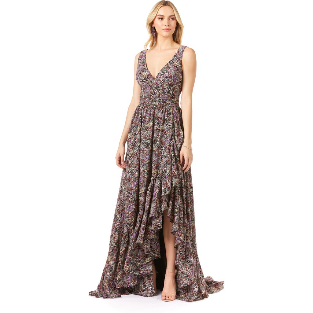 Lara New York V-neck Long Print Gown Hi-low Wrap In Blackprint