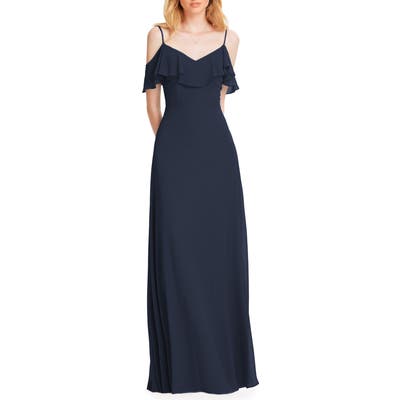 #levkoff Ruffle Shoulder Chiffon Gown, Blue
