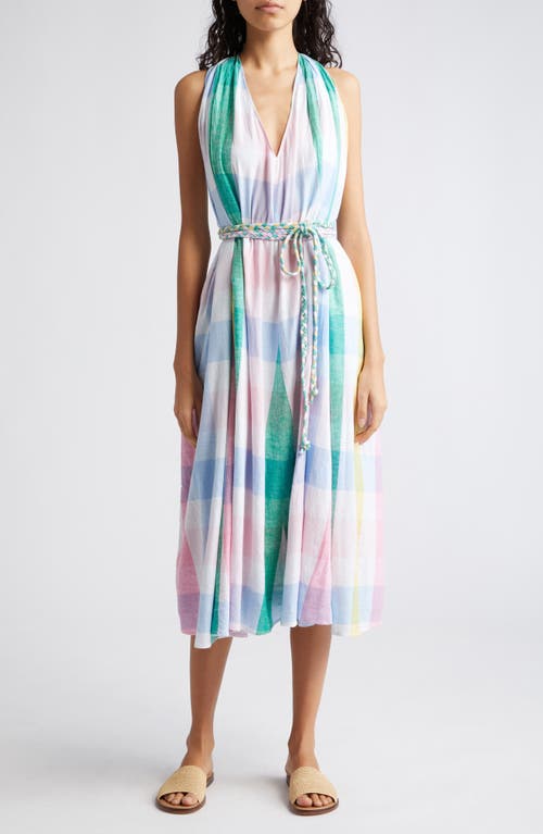 Marilyn Belted Sleeveless Cotton Midi Dress in Pastel Plaid