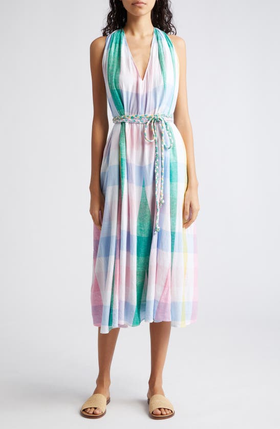Mille Marilyn Belted Sleeveless Cotton Midi Dress In Pastel Plaid