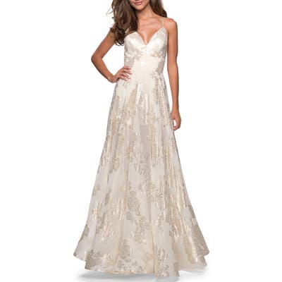La Femme Floral Chiffon Jacquard Evening Dress, Ivory