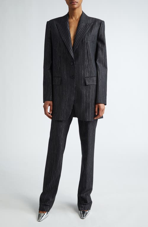 Shop Michael Kors Carolyn Metallic Pinstripe Straight Leg Pants In Black/silver