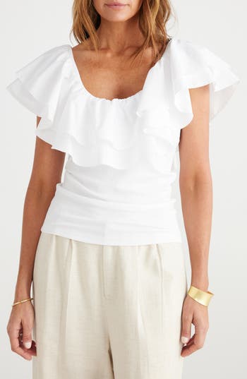 Shop Brave + True Brave+true Callie Mixed Media Double Ruffle Top In White