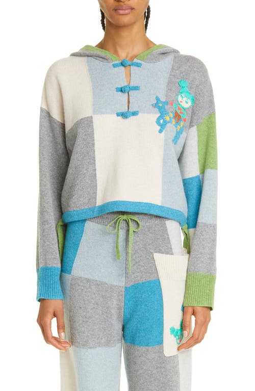 Embroidered Colorblock Check Wool Hooded Sweater in Blue/Green
