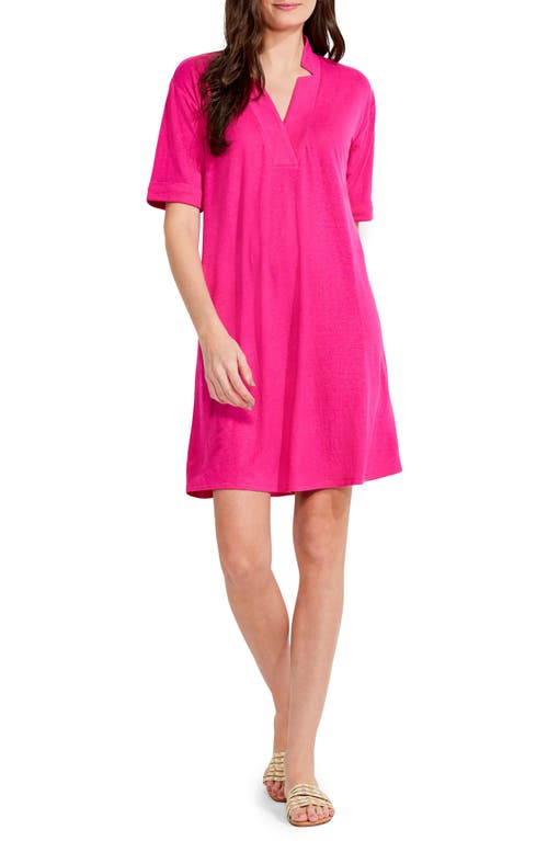 NZT by NIC+ZOE Notched V-Neck Linen Blend Dress in Shocking Pink