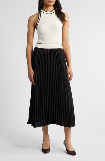 ZOE AND CLAIRE Pleated Skirt Mixed Media Midi Dress | Nordstrom