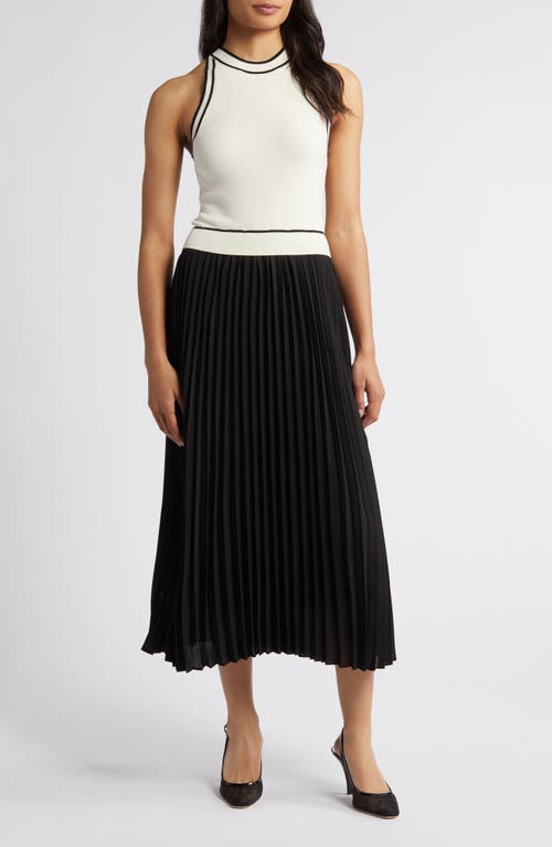 Shop Zoe And Claire Pleated Skirt Mixed Media Midi Dress In Ivory/black