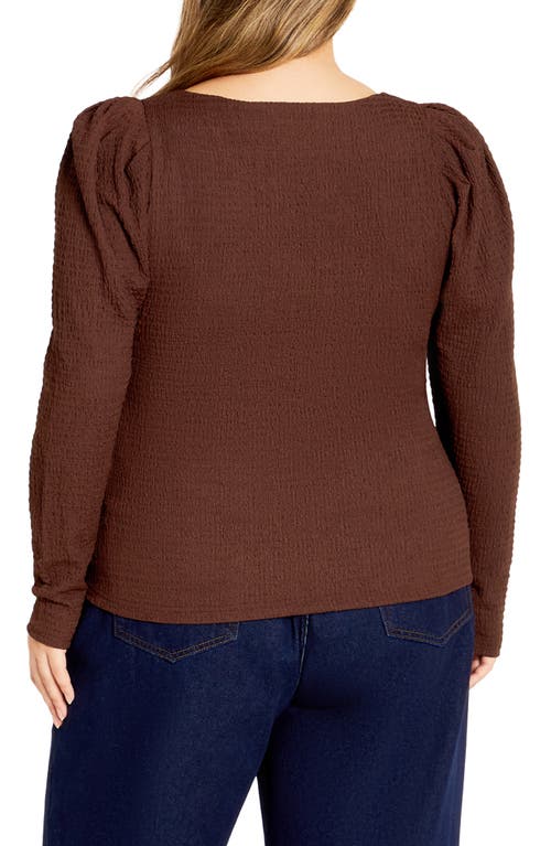 City Chic Mysteria Shirred Square Neck Puff Shoulder Long Sleeve Top In Chocolate