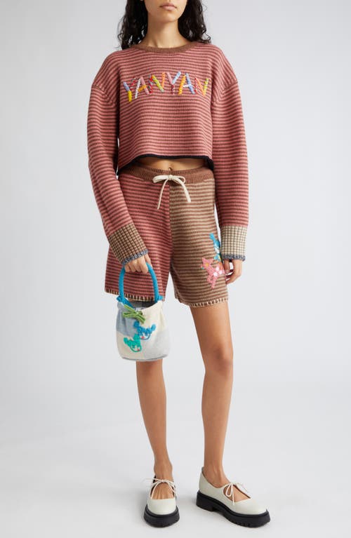 Shop Yanyan Embroidered Logo Stripe Crop Wool Sweater In Rose/mink/hazelnut