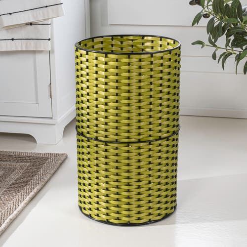 Happimess Cecil Modern Faux Wicker Cylinder Waste Basket In Pear Green/black