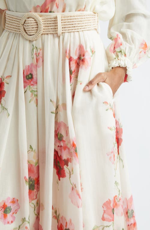 Shop Zimmermann Lightburst Floral Belted Cotton & Silk Maxi Skirt In Cream/red Floral