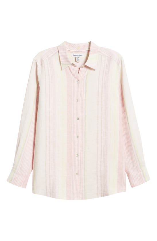 Shop Tommy Bahama Ocean Reverie Variegated Stripe Linen Button-up Shirt In Cameo