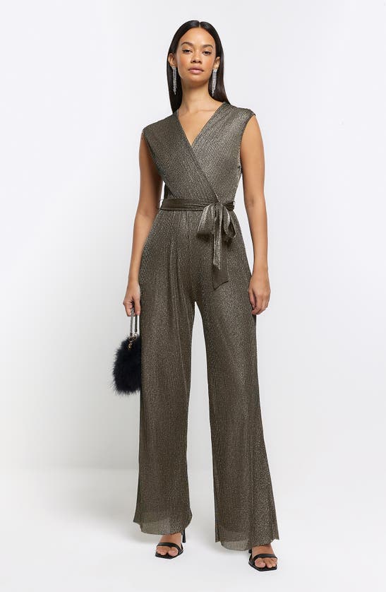 RIVER ISLAND RIVER ISLAND METALLIC STRAIGHT LEG PLISSÉ JUMPSUIT