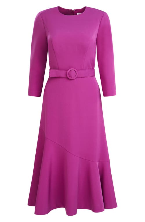 Shop Kay Unger Polly Belted Three-quarter Sleeve Stretch Midi Dress In Cerise