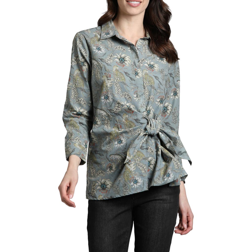 Apny Mixed Print Side Tie Cotton Button-up Shirt In Grey Multi
