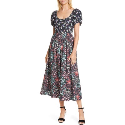 Loveshackfancy Lais Floral Puff Sleeve Cotton A-Line Dress, Black