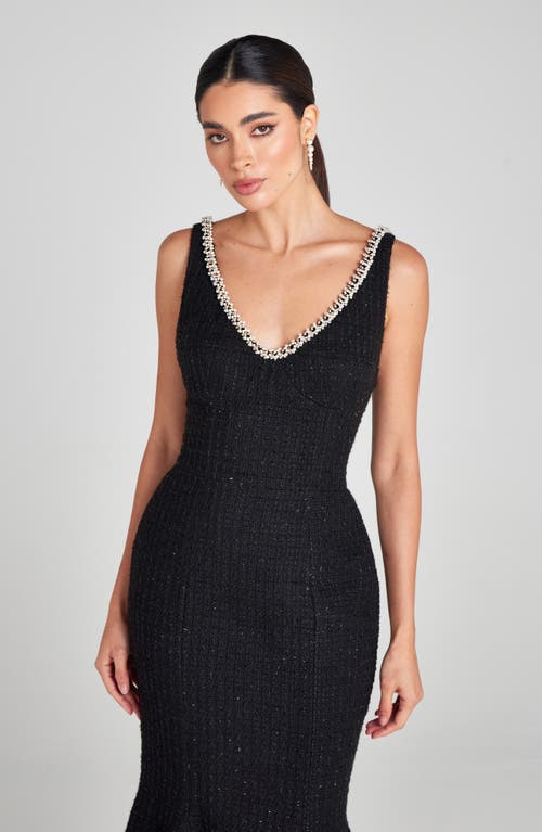 Shop Nadine Merabi Penelope Embellished Trim Tweed Midi Cocktail Dress In Black