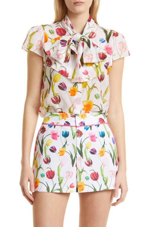 Alice + Olivia Jeannie Bow Cap Sleeve Cotton & Silk Button-Up Blouse in Kiss My Tulips