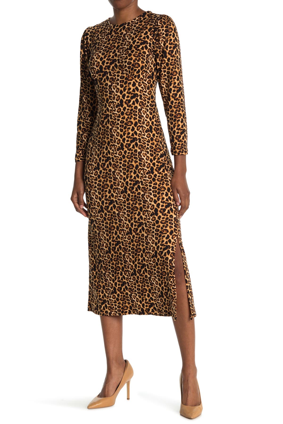 leopard print split midi dress