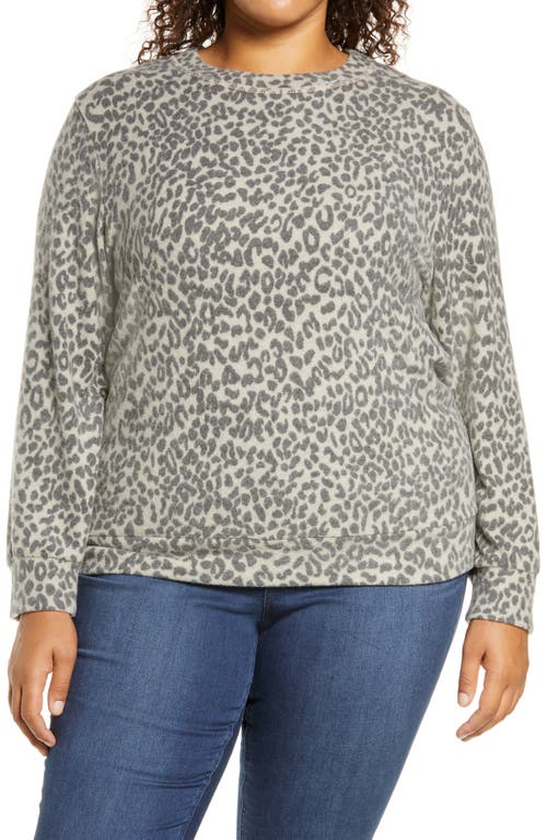 Loveapella Brushed Leopard Print Long Sleeve Crewneck Top in Ivory/Charcoal