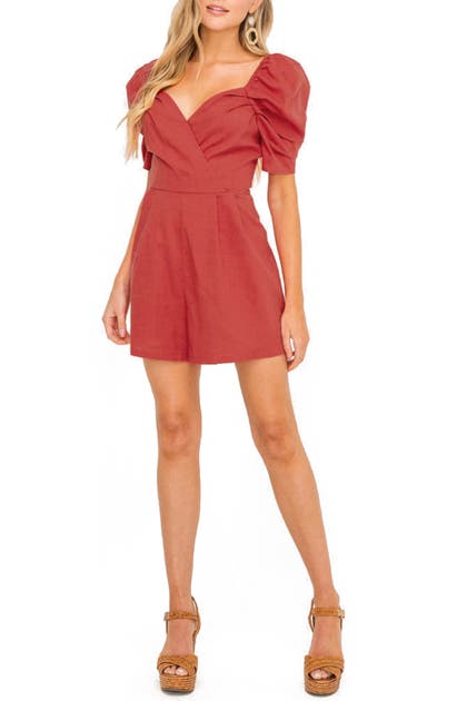 All In Favor Puff Sleeve Linen Blend Romper In Cranberry