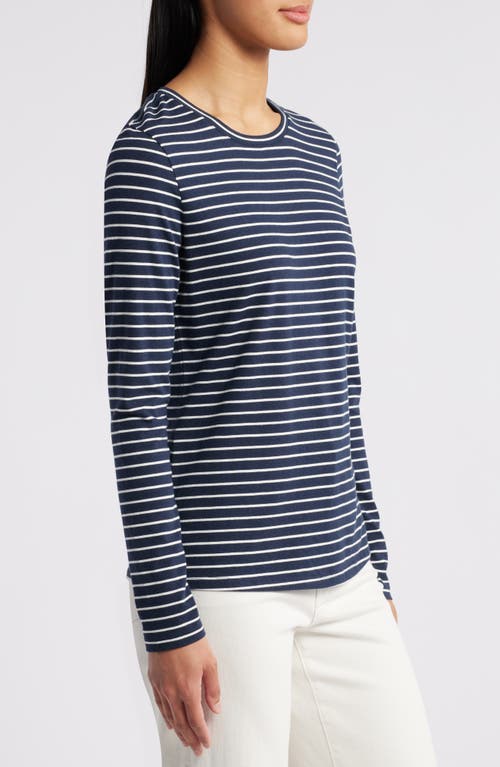 Shop Caslonr Caslon(r) Crewneck Long Sleeve T-shirt In Navy- Ivory Carlotta Stripe