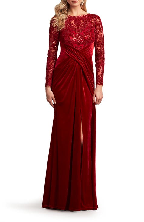 Sequin Illusion Neck Long Sleeve Lace & Velvet Gown