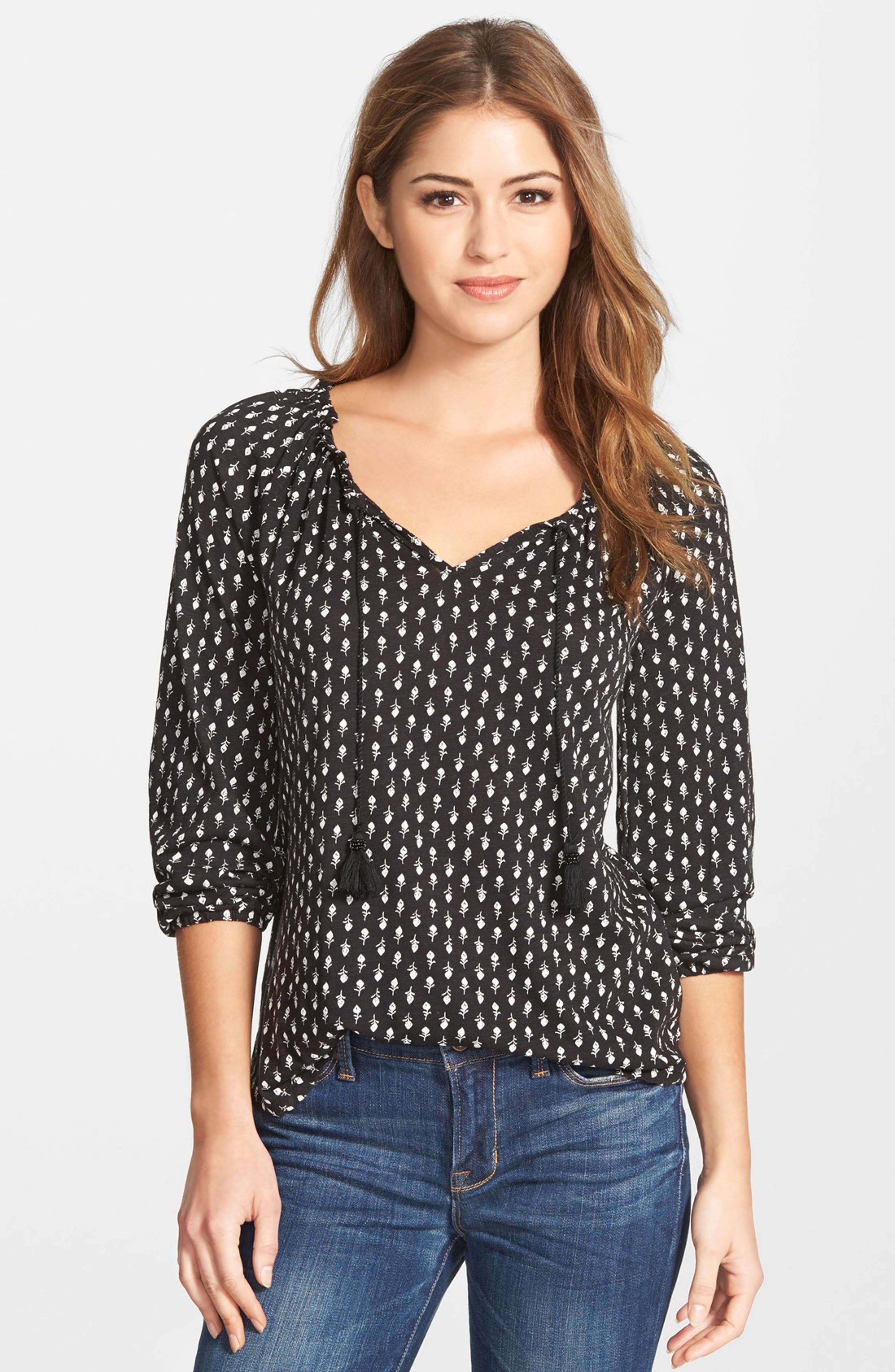 Lucky Brand Woodstamp Print Split Neck Top | Nordstrom