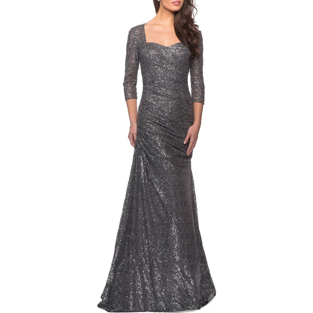 La Femme Floor Length Sequin Gown In Gunmetal
