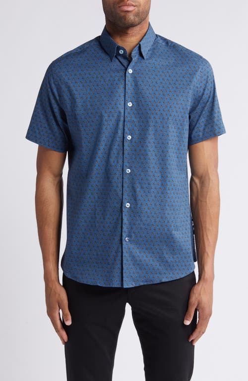 Shop Stone Rose Bee Print Short Sleeve Stretch Button-up Shirt In Navy