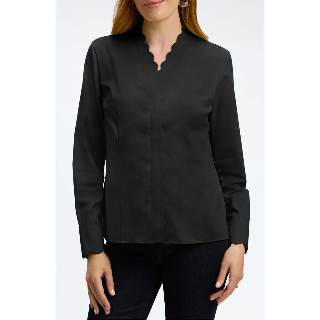 Foxcroft Bridget Scalloped Matte Sateen Button-up Shirt In Black