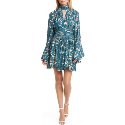 Amur Tilda Floral Print Long Sleeve Silk Minidress, Blue/green