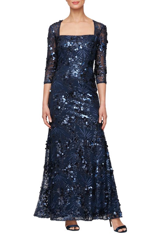 Shop Alex Evenings Sequin Square Neck Trumpet Gown In Navy