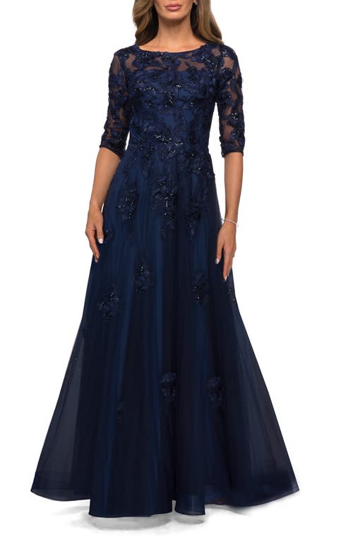 Shop La Femme Three Quarter Sleeve A-line Gown With Floral Embellishments In Navy