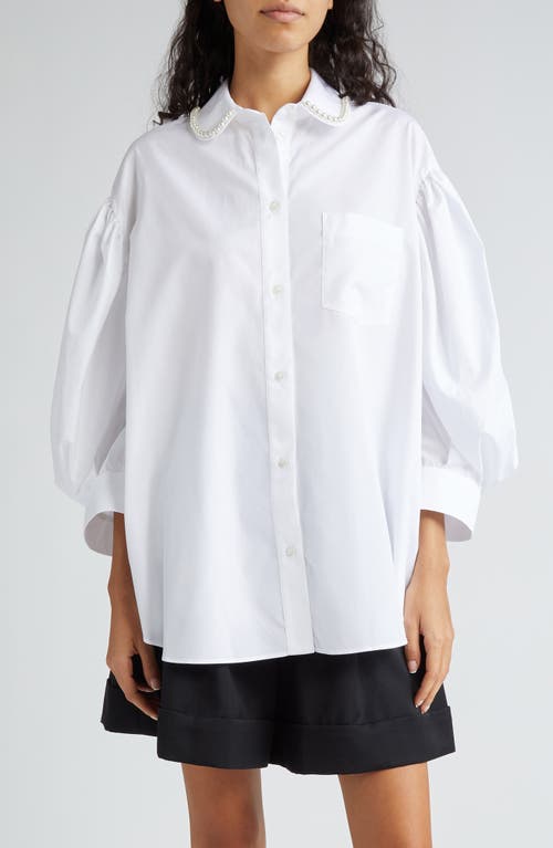 Simone Rocha Imitation Pearl Trim Oversize Cotton Poplin Button-up Shirt In White/pearl