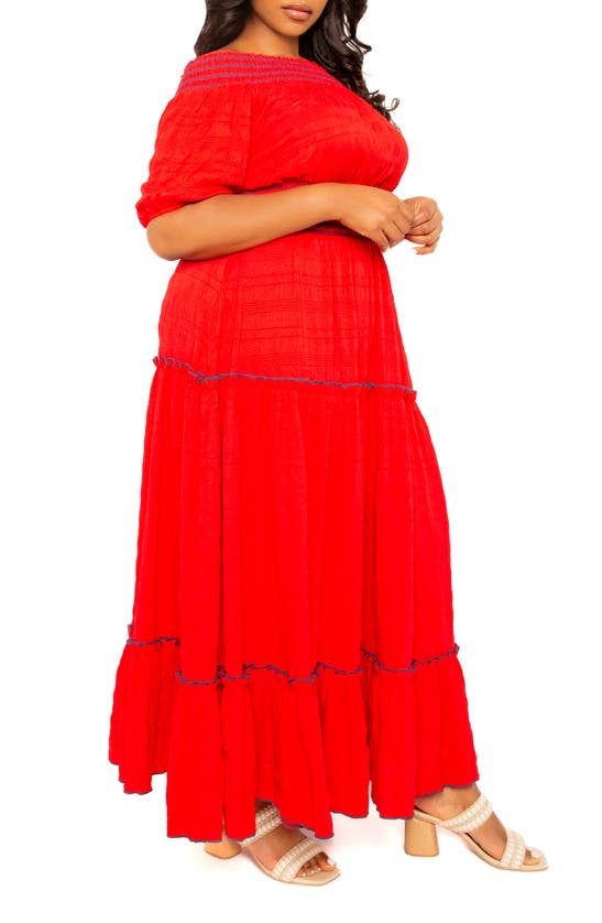 Buxom Couture Smocked Off The Shoulder Puff Sleeve Top & Maxi Skirt Set In Red